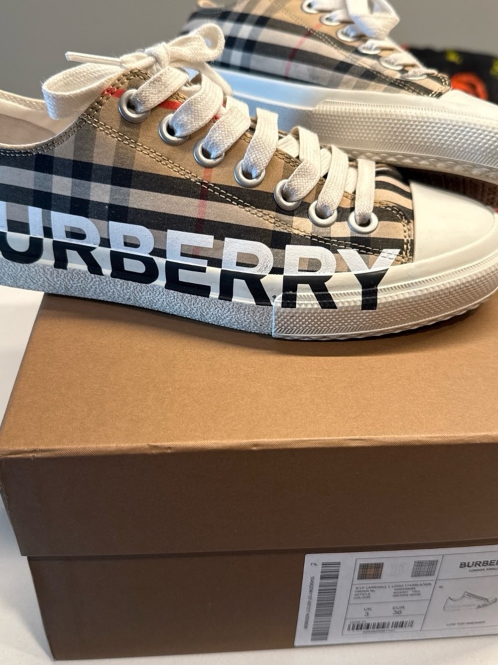 Burberry Beige Plaid Sneakers with White Toe and Black Logo